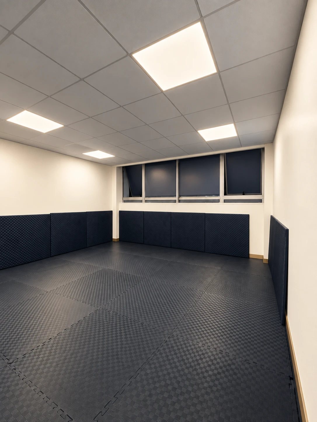 Sala de entrenamiento del club: tatami negro, paredes acolchadas y ventanas altas